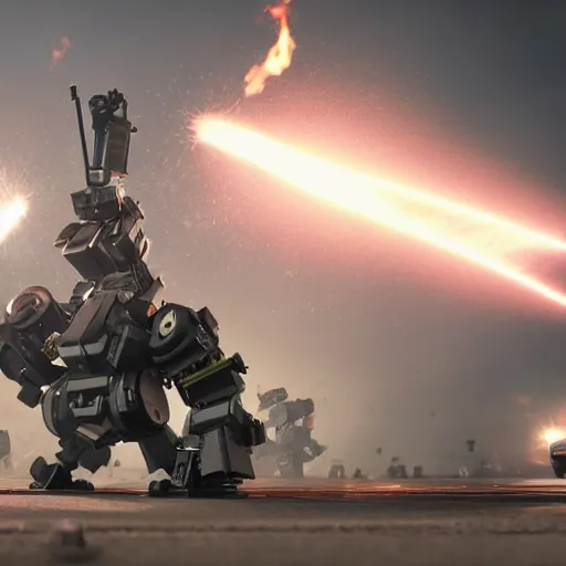 Image similar to Giant police mech fires rockets at fleeing sports car, color, cinematic lighting, highly detailed, octane render