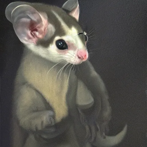 Image similar to sugarglider in a suit 1 5 9 5, a dnd fantasy, chiaroscuro medieval sugarglider, devilish lighting, sugarglider animal perfect epic painting. official portrait, dnd character painting by gibbs - coolidge. oil on canvas, wet - on - wet technique, underpainting, grisaille, chiaroscuro realistic. restored face.