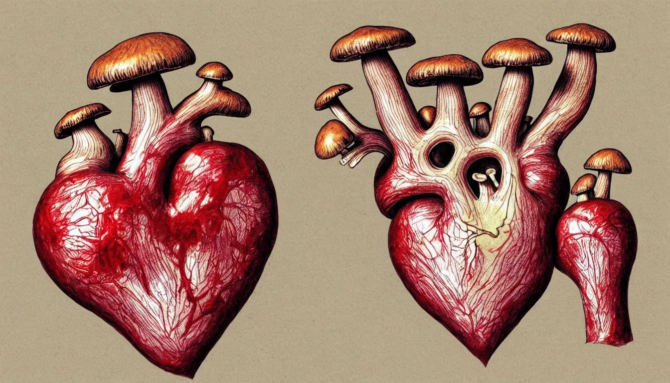 Prompt: a human heart with mushrooms growing on it, anatomically correct drawing