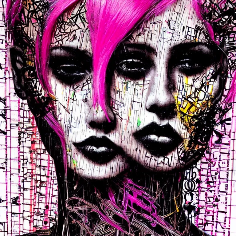 Prompt: a beautiful face gothic girl, pink hair in a stunning black dress playing a piano by el anatsui and carne griffiths