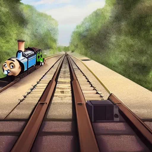 Image similar to A representation of the trolley problem: There is a runaway Thomas the tank engine barreling down the railway tracks. Ahead, on the tracks, there are five people tied up and unable to move. Thomas the tank engine is headed straight for them.