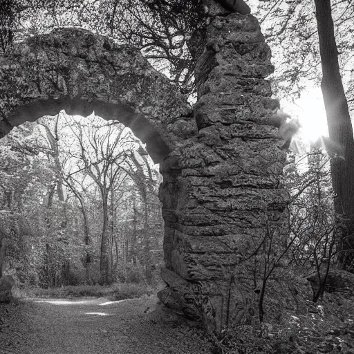 Image similar to woodland path golden hour wide angle. stone archway on the left. inside the archway is a portal to another land with bright sunlight and a seashore. a silhouette of a humanoid stands in the portal, highly textured, adventurous