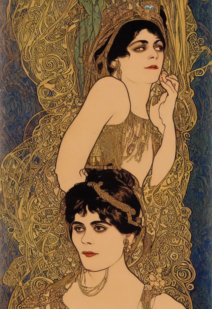 Image similar to realistic detailed Art Nouveau lithograph full-face portrait of Theda Bara as Cleopatra in an elaborate costume by Alphonse Mucha and Gustav Klimt