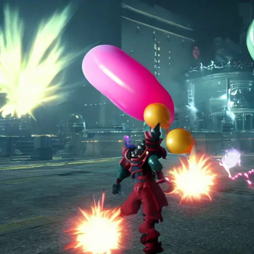 Image similar to final boss battle with clown strife using his balloon sword cinematic cutscene render screenshot final fantasy 7 remake high resolution