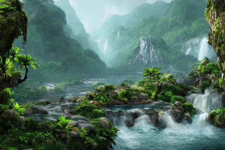 Image similar to Fantasy world with mountains in the bacground and waterfall with river on the bottom, on the right dense jungle forest, on the left ancient city with many bridges, highly detailed, matte painting, wide lens, overcast sky, ultra realistic, 4k, 8k resolution, trending on artstation, octane render, unreal engine, cinematic