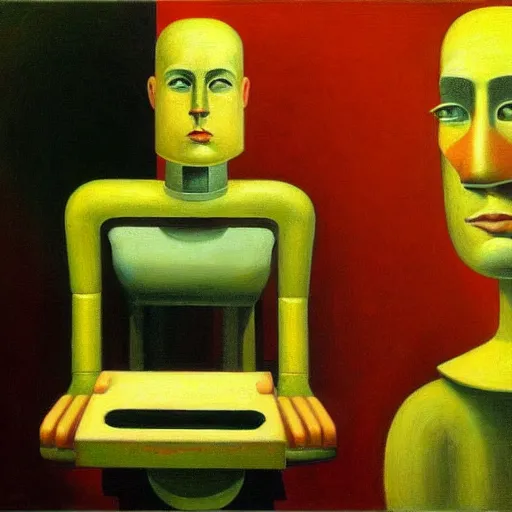 Image similar to super - intelligent robot with kind eyes portrait, grant wood, pj crook, edward hopper, oil on canvas