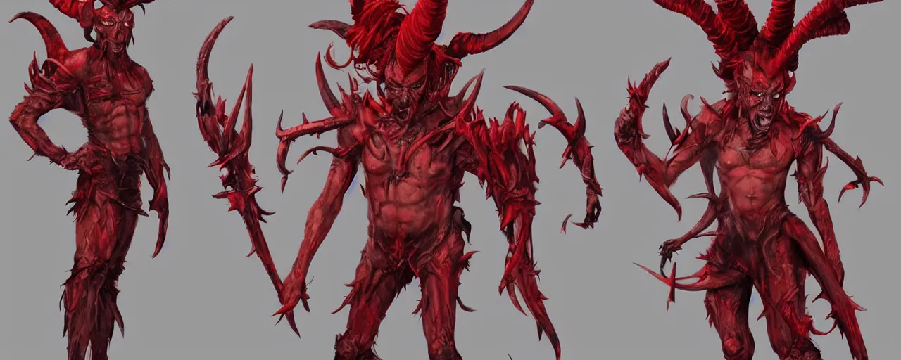 Image similar to character design, reference sheet, Young teenage demon cast out from hell, Two horns on side of head, mohawk, red skin, concept art, photorealistic, hyperdetailed, 3d rendering! , art by Marc Brunet and Gainax],