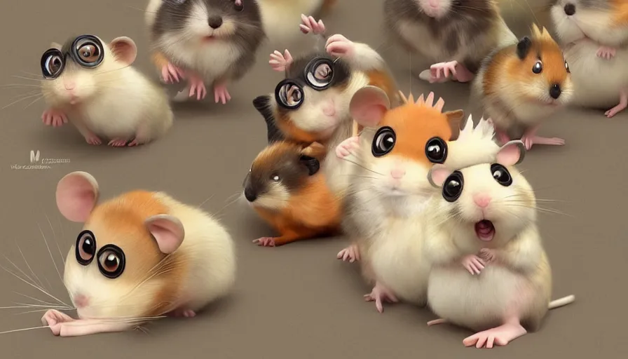 Image similar to very very very cute hamsters by Max Kostenko and Bobby Chiu, disney, pixar, MPC, Framestore, character design for animation, video game character, cute, adorable, uplight, a lineup of characters, big disney eyes, symmetrical eyes, cuteness, 3d render, octane rendered, highly detailed, cinematic lightning, rendered by maya and houdini, highly detailed, unreal engine, Trending on Artstation, octane render, 4k, 8k, HD, oil on Canvas by Elena Zhurikhina and Goro Fujita and Charlie Bowater