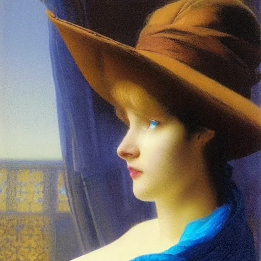 Prompt: a young woman's face, her hair is white and she wears a cobalt blue satin cloak, by ivan aivazovsky and syd mead and moebius and gaston bussiere and roger dean and pieter claesz and paul delaroche and alma tadema and aelbert cuyp and ilya repin, hyperrealistic, volumetric light, octane render