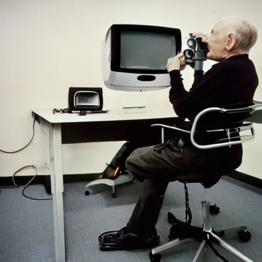 Image similar to In an call centre office, A skinny old Man with a old television strapped to his back ,flexible industrial pipes join his ears and mouth to the television, fibres trial on the floor ,Kodak portra 400