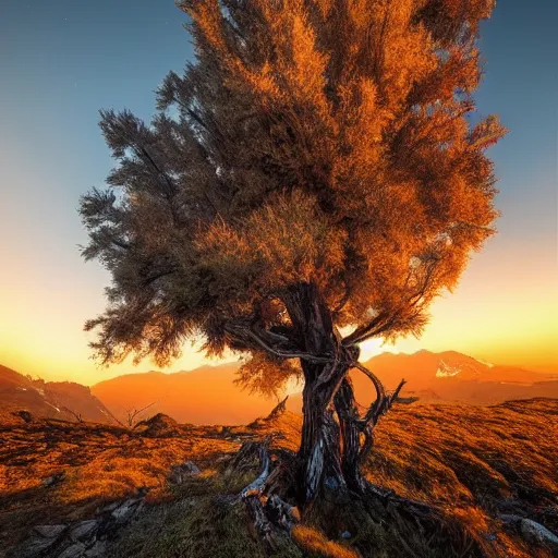 Prompt: a beautiful landscape photography of ciucas mountains mountains a dead intricate tree in the foreground sunset dramatic lighting by marc adamus