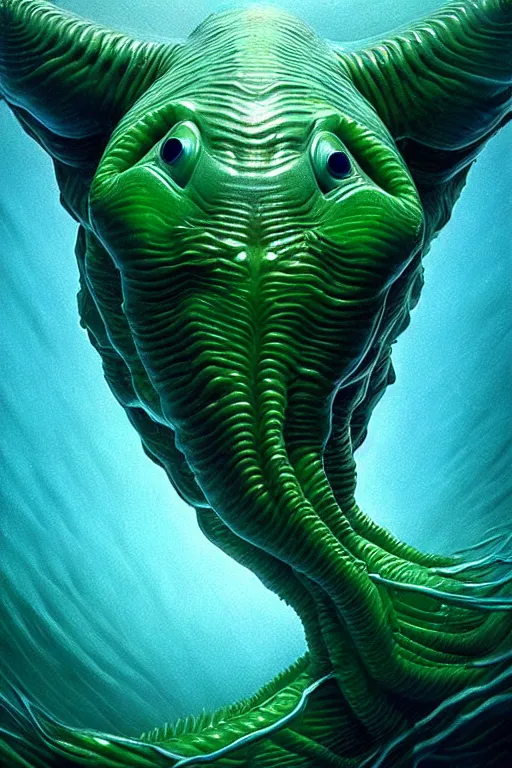 Image similar to hyperrealistic close-up surrealism underwater creature monster!! highly detailed concept art eric zener elson peter cinematic hard green lighting high angle hd 8k sharp shallow depth of field, inspired by David Paul Cronenberg and Zdzisław Beksiński