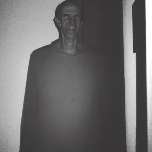 Image similar to tall man standing in the corner of a dark room smiling, creepy