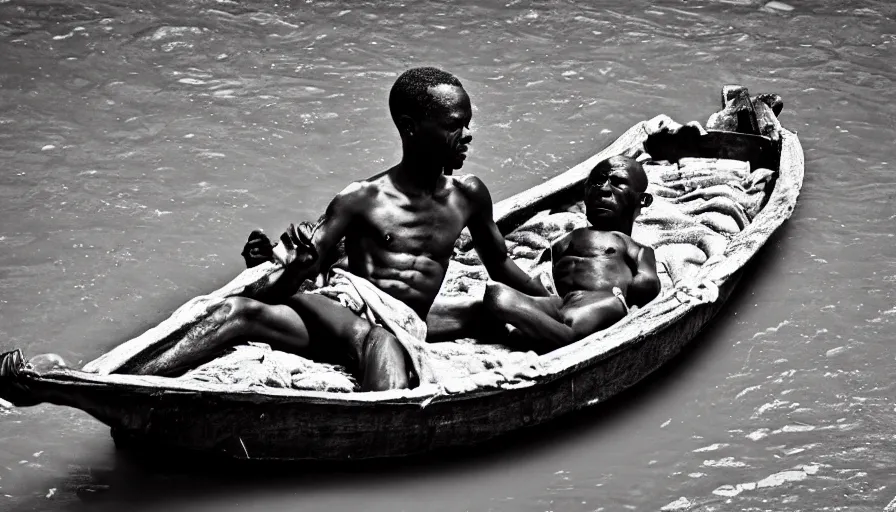 Image similar to movie still by djibril diop mambety of a man in a barque made of flesh on a blood river, leica sl 2, heavy grain, high quality, high detail