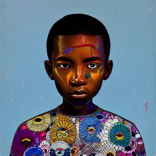 Image similar to colourful upper half portrait of an african boy, art by takashi murakami, highly detailed, digital painting, ray tracing, concept art, illustration, smooth sharp focus, intricate, symmetry, artstation,