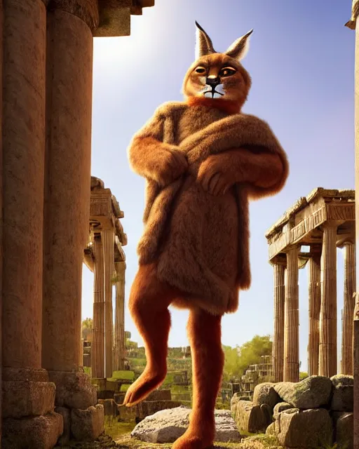 Image similar to fullbody photo of humanoid cute sad fluffy caracal dressed in toga, sun behind him, ancient greek city, sunny day, by ilya kuvshinov, rtx rendering, octane render 1 2 8 k, maya, extreme high intricate details by tom bagshaw, medium shot, composition by sana takeda, lighting by greg rutkowski