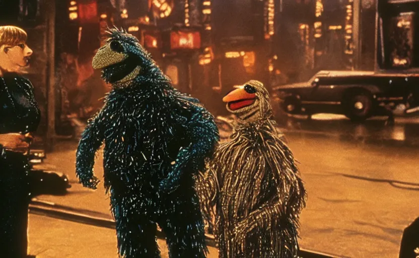 Image similar to a still of muppets in blade runner ( 1 9 8 2 ). highly detailed felt. hyper real photo. 4 k.