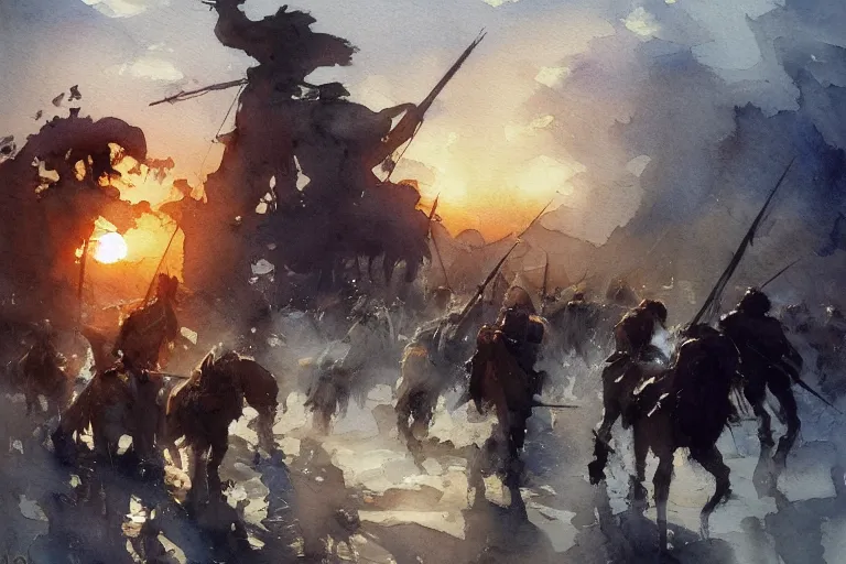 Prompt: small centered on watercolor paper, paint brush strokes, abstract watercolor painting of prehistoric human hunters at nightfall, dramatic cinematic light, national romanticism by hans dahl, by jesper ejsing, by anders zorn, by greg rutkowski, by greg manchess, by tyler edlin