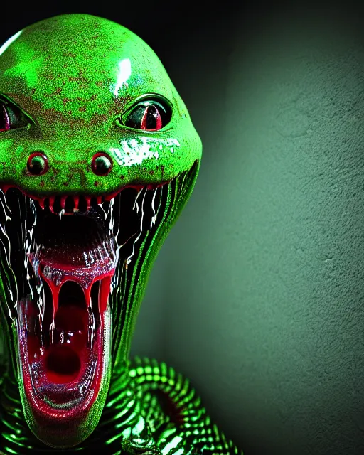 Image similar to realistic long textured tongue demon wet humanoid alien, smoke, mouth in mouth, large alien eyes, metallic reflective fangs dripping greenish acid saliva, thin red veins, intricate grey snake scales ornate skin, cinematic light shadows, reflections, crawling in a wet sewer pipe, dim flashlight lighting, insanely detailed