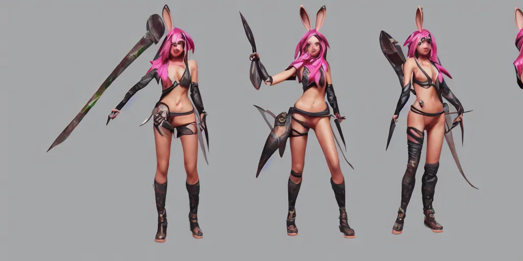 Image similar to character sheet of battle bunny akali (League of Legends). 3d render, octane render, iRay, ray tracing, realistic, highly detailed, trending on artstation, 4k, cgsociety, unreal engine 5, redshift render, blender cycles, behance, cg