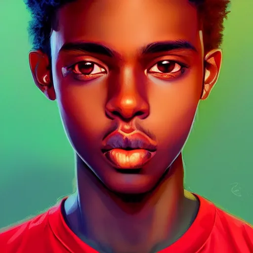 Image similar to colorful and festive captivating teenager with straight brown hair covering his eye, dark skin, big lips, big eyes, wearing a red t - shirt. rich vivid colors, ambient lighting, dynamic lighting, 4 k, atmospheric lighting, painted, intricate, highly detailed by charlie bowater