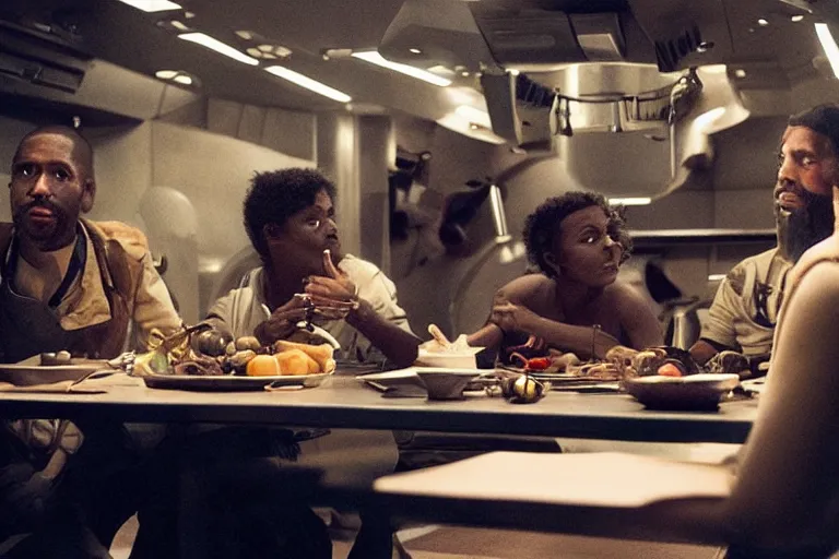 Image similar to movie closeup diverse interracial small team of American sci-fi futuristic space explorers talking at the table in a spaceship kitchen, beautiful skin, Symmetrical faces. Beautiful lighting by Emmanuel Lubezki