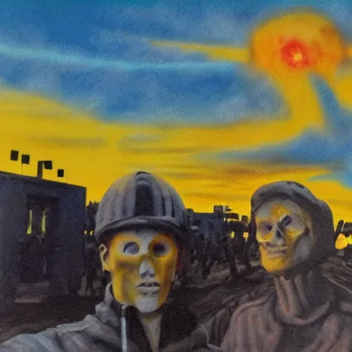 Image similar to armageddon they will be dead and we go to paradise, funny and frightened ukrainian burned to bones in dirty yellow and blue rags on the background of a huge nuclear explosion hyperrealism, selfie