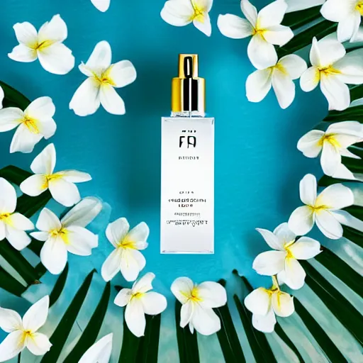 Image similar to centered bright perfume bottle standing in clear blue rippling water surrounded by a plethora of white flowers and tropical leaves and fauna upfront, with dreamy bright blue sky and clouds in the background, softly - lit, soft - warm, zen, light, modern minimalist f 2 0 clean