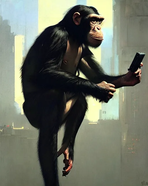 Prompt: cyberpunk augumented chimpanzee at the computer. art by greg rutkowski, gustave courbet, rosa bonheur, edward hopper. faithfully depicted facial expression, perfect anatomy, sharp focus, global illumination, radiant light, detailed and intricate environment, trending on artstation