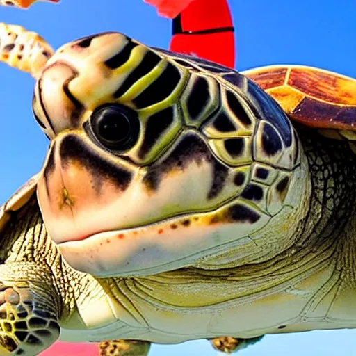 Image similar to hyperrealistic close shot of a turtle paragliding