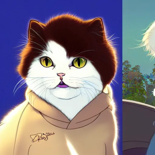 Image similar to teen boy with brown hair and big blue eyes, wearing a hoodie, fluffy white persian cat, natural lighting, path traced, highly detailed, high quality, cartoon, digital painting, by don bluth and ross tran and studio ghibli and alphonse mucha