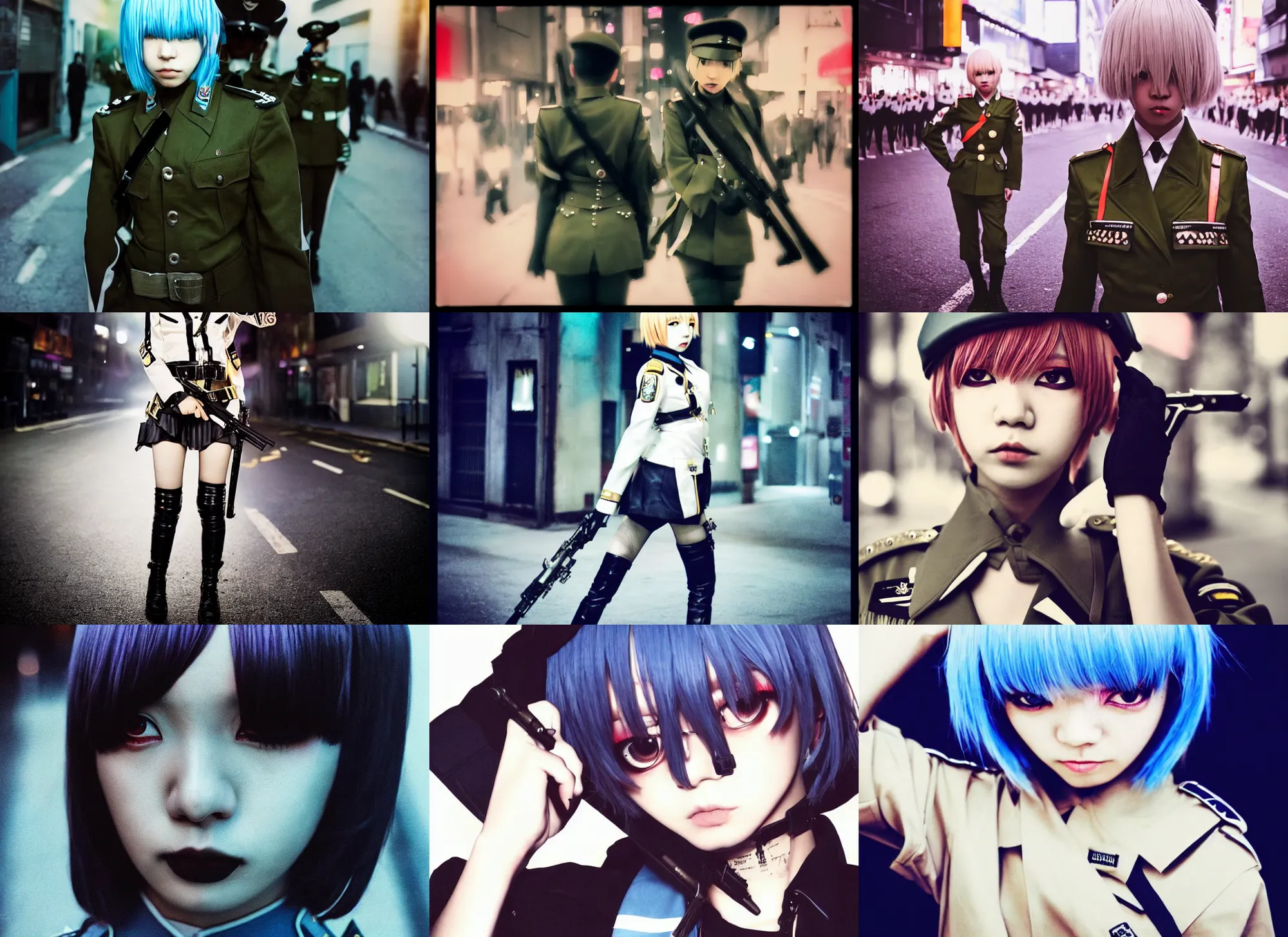 Prompt: lomography, full body portrait photo of reol wearing a military uniform marching down the street in shibuya at night, moody, realistic, dark, skin tinted a warm tone, light blue filter, hdr, rounded eyes, detailed facial features