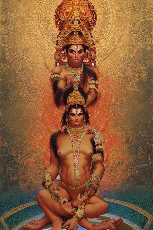 Prompt: a full body portrait of a beautiful ornated hanuman god, arms pointing up!!!, meditative sacral pose, hindu stages of meditation, intricate, elegant, highly detailed, digital painting, artstation, concept art, smooth, sharp focus, illustration, art by krenz cushart and artem demura and alphonse mucha