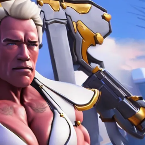 Image similar to a screenshot of arnold schwarzenegger as mercy in overwatch, full body shot