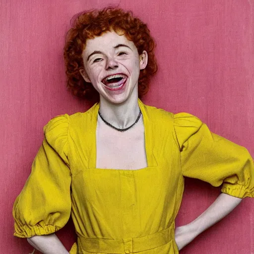 Image similar to Sophia Lillis with long, curly red hair, she is laughing, she is wearing a yellow dress, portrait by Norman Rockwell,