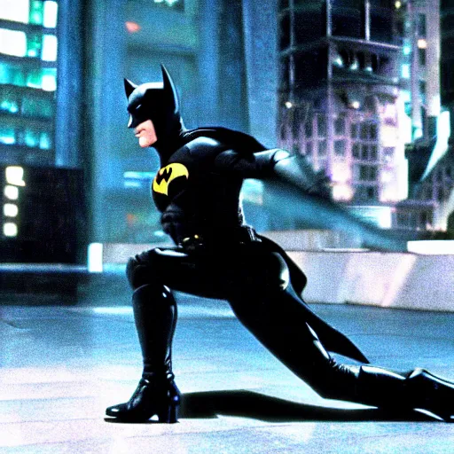 Prompt: a still of batman in the matrix ( 1 9 9 9 ), film footage, 4 k, highly detailed, screencap