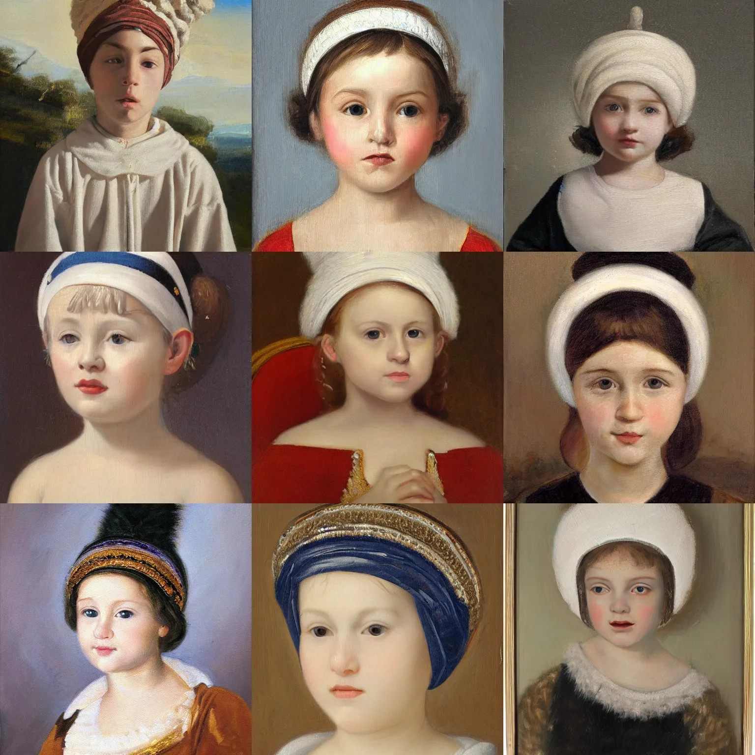 Prompt: young white teenager wearing a white wool headpiece with two tiny bumps poking out, ¾ face angle portrait, royal portrait painting, oil painting, highly detailed, realistic face, self - satisfied smirk