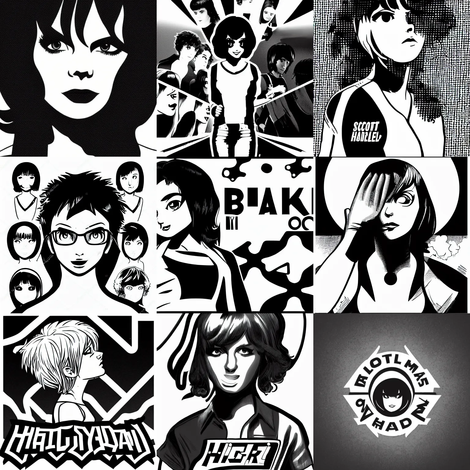 Prompt: black and white brand ( ( ( logo ) ) ) of woman head and shoulders and hair in style of scott pilgrim, central composition, elegant, simple