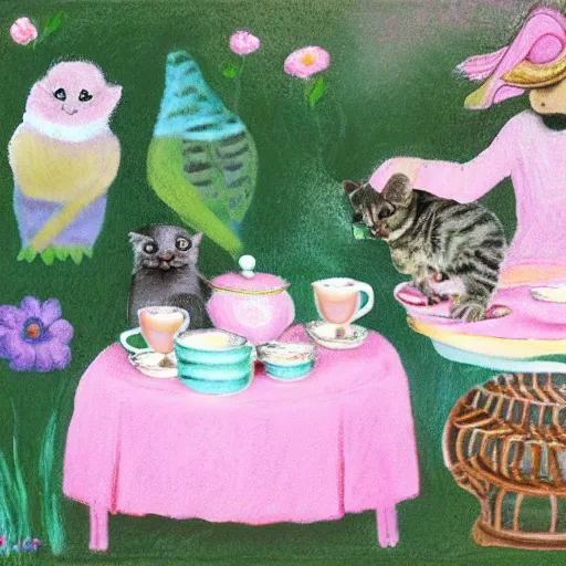 Prompt: a tea party with birds and kittens, pastel colors