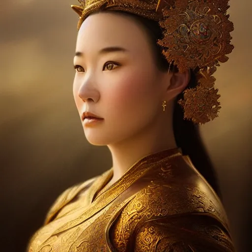 Prompt: beautiful elegant mongolian princess royalty portrait in sensual pose, face centered portrait, confident, fog, volumetric lighting, beautiful, golden hour, sharp focus, ultra detailed, conceptartworld by leesha hannigan, ross tran, thierry doizon, kai carpenter, ignacio fernandez rios