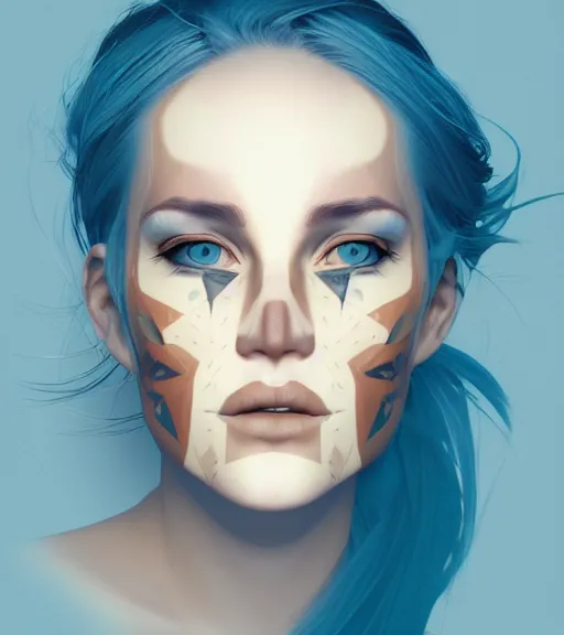 Image similar to portrait of a woman raised on the island face tatooes by greg tocchini, dynamic lighting, gradient light blue, brown, blonde cream and white color scheme, grunge aesthetic