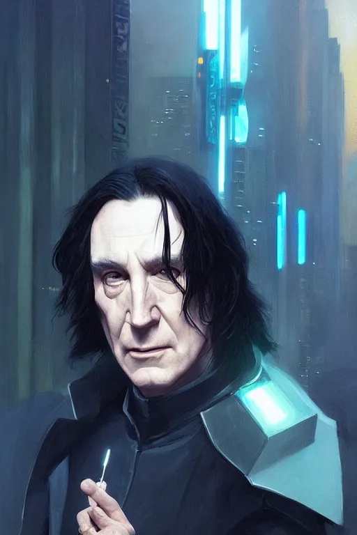 Image similar to portrait of cyborg severus snape in cyberpunk, neon lighting, night city, digital art from artstation by Ruan Jia and Mandy Jurgens and Artgerm and william-adolphe bouguereau and Greg Rutkowski