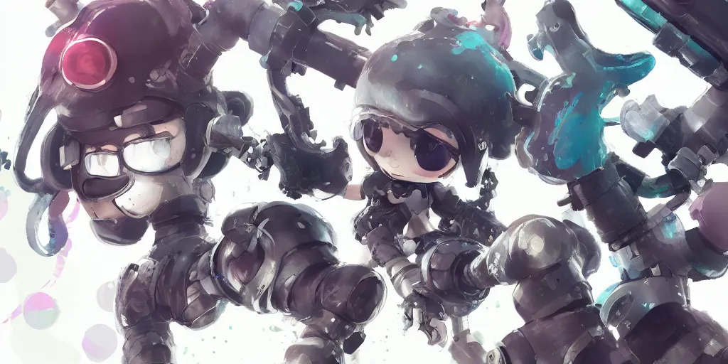 Image similar to splatoon nintendo one character digital painting no blur, concept art, character sheet nier automata 2 d, yoji shinkawa, yoshitaka amano, tsutomu niehi, cyberpunk, trending on artstation, featured on pixiv, hyper detail, cinematic composition, 8 k