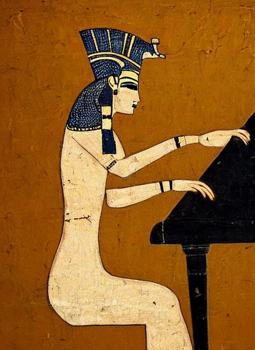 Image similar to ancient egypt painting of girl playing piano, 4 k, high quality, sharp fucos