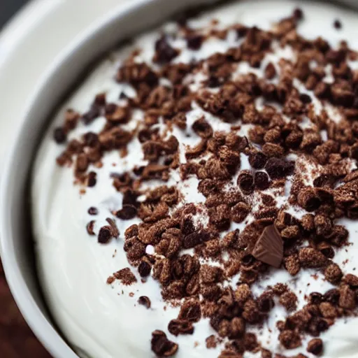 Prompt: a closeup shot of vanilla yoghurt with chocolate cereal. Highly detailed