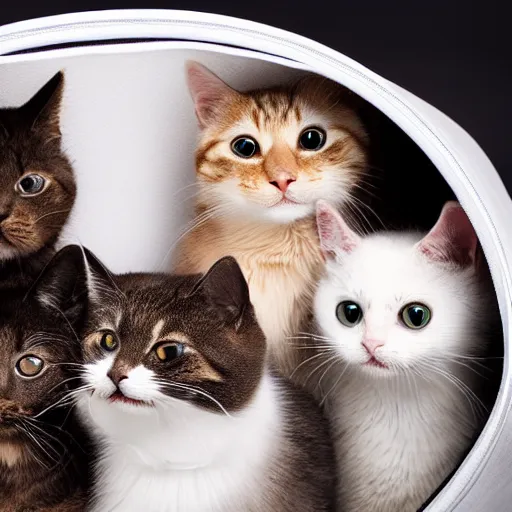 Image similar to a highly detailed photo of multiple furry cats inside a big bag, white background, studio lighting, 4 k, 8 k