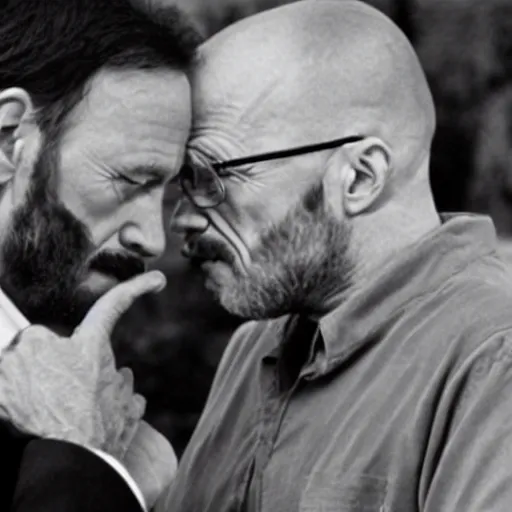 Image similar to old jonathan banks kissing walter white, movie still