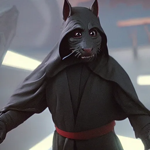 Prompt: a film still of master splinter as a sith lord wearing black attire realistic, detailed