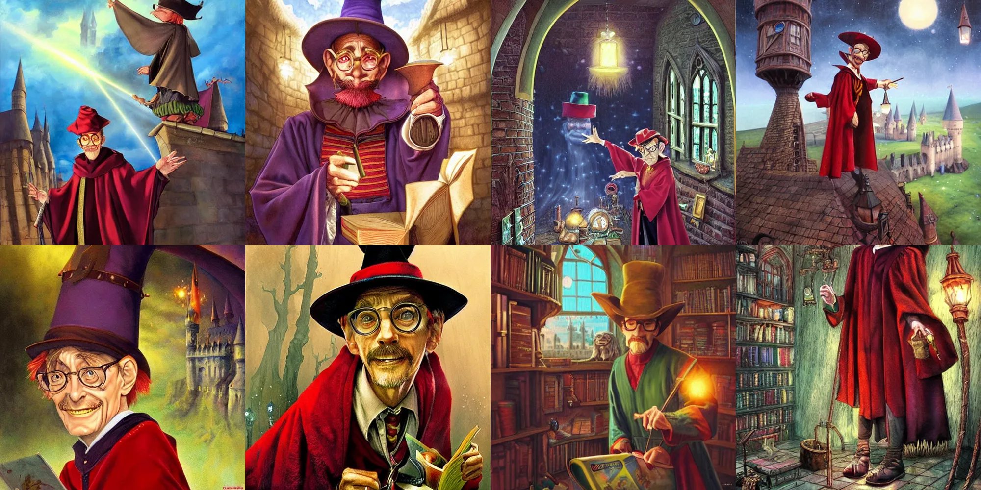 Prompt: Rincewind as a jumpy professor in Hogwarts School of Witchcraft and Wizardry, detailed, hyperrealistic, colorful, cinematic lighting, digital art by Paul Kidby’