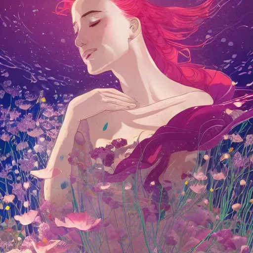 Image similar to Triss Merigold in a swirling sundress of flowers, underwater, floral explosion, radiant light, vortex of plum petals, by WLOP, Victo Ngai and artgerm, artstation, deviantart